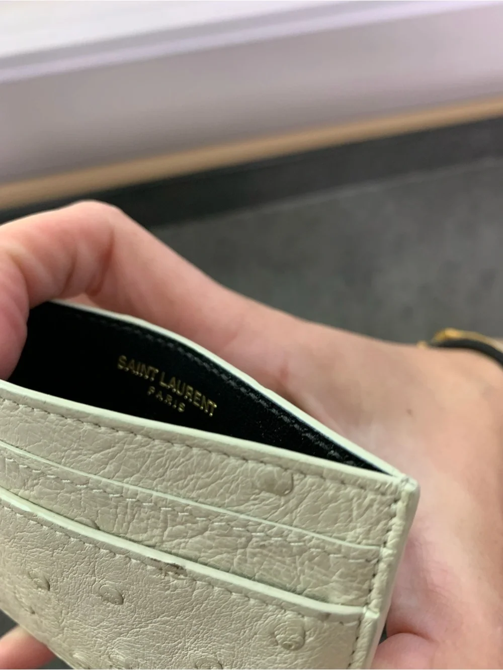 Saint Laurent Cream Ostrich-Embossed Leather Card Sleeve with Subtle Texture - Picture 4 of 4